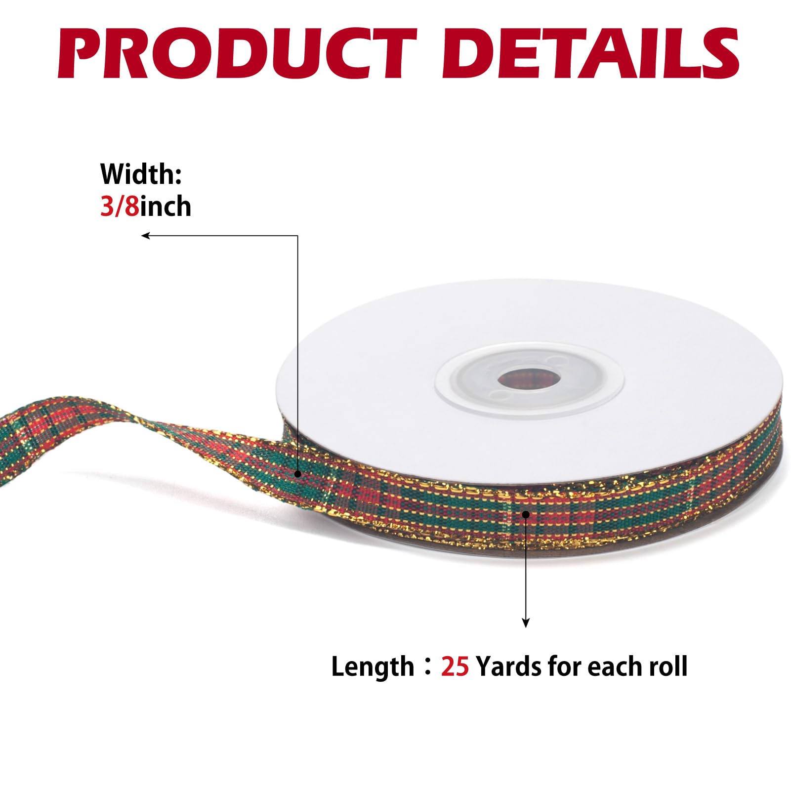 GHGMAO Red and Green Gingham Ribbon, Christmas Plaid Ribbon 3/8 INCH x 25 Yards, Polyester Fabric Grosgrain Stripe Checkered Ribbons for Gift Wrapping, Christmas Wreath, Tree Decor, Bow Making - Medaid International