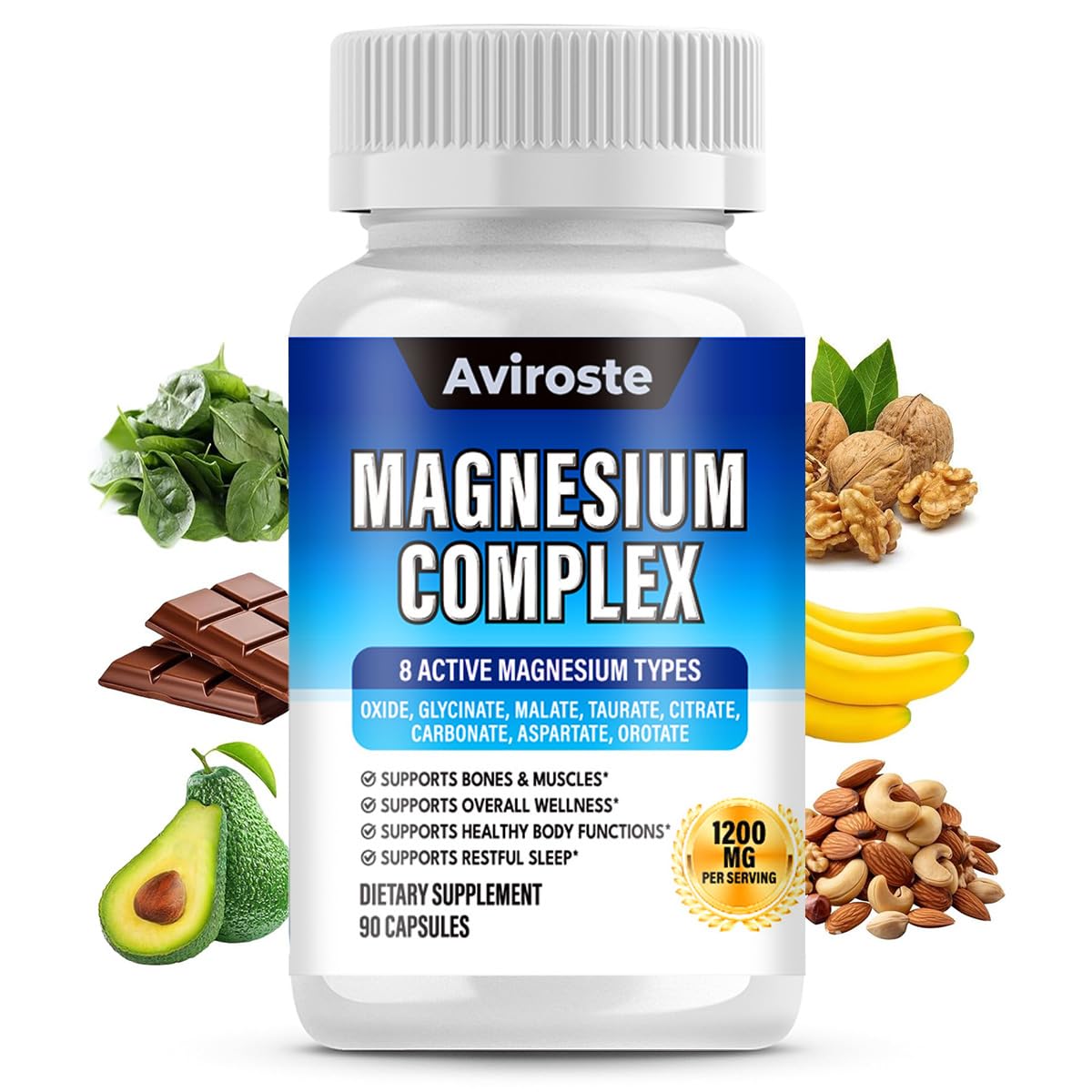 8 in 1 Magnesium Complex Supplement - 8 Elemental 1000mg - Magnesium Glycinate, Citrate, Malate, Taurate - High Absorption,for Muscle, Nerve & Sleep Support - 90 Capsules - Medaid International