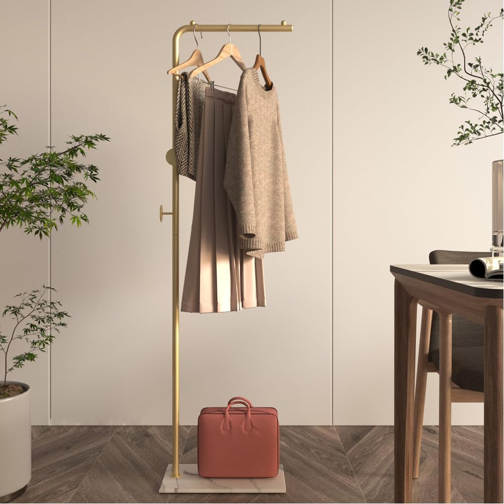 Metal Coat Rack Freestanding with Natural Marble Base 63” 160cm Entryway Coats Hanger Stand with 3 Hooks, Home Bedroom Hotel Hall Tree for Coats, Hats, Scarves, Clothes, and Handbags (Luxury Gold) - Medaid - Lebanon