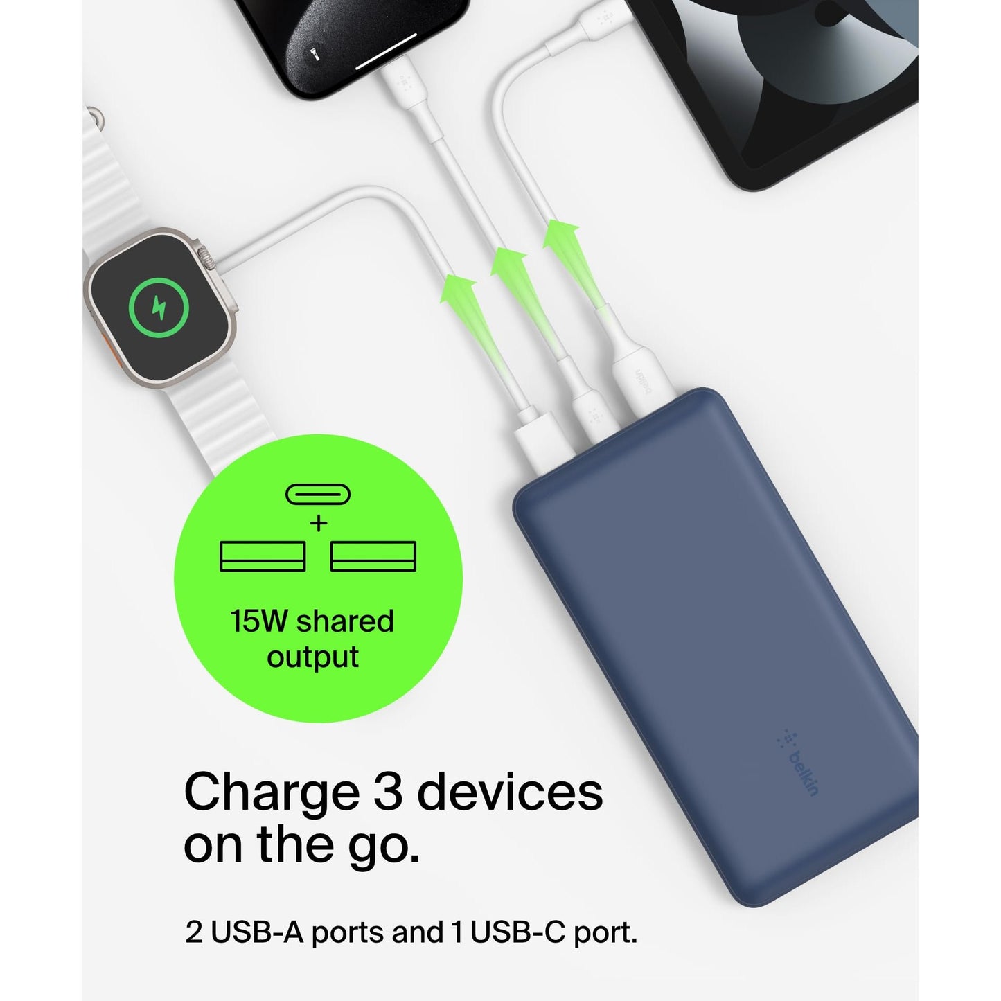 Belkin Portable Charger, USB C Power Bank 20000 mAh w/ 2 USB-A Ports, 15W w/ Type-A to Type-C Cable - iPhone 17, Air, Pro, Pro Max, AirPods, Samsung Galaxy S25, S24, Google Pixel 10, iPad, etc. - Blue - Medaid International