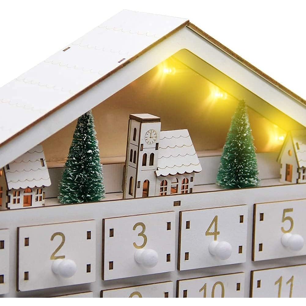 MorTime LED 24 Day Advent Calendar Decorated with Christmas Tree House and LED Lights, Lighted White Wooden Countdown to Christmas Calendar - Medaid International