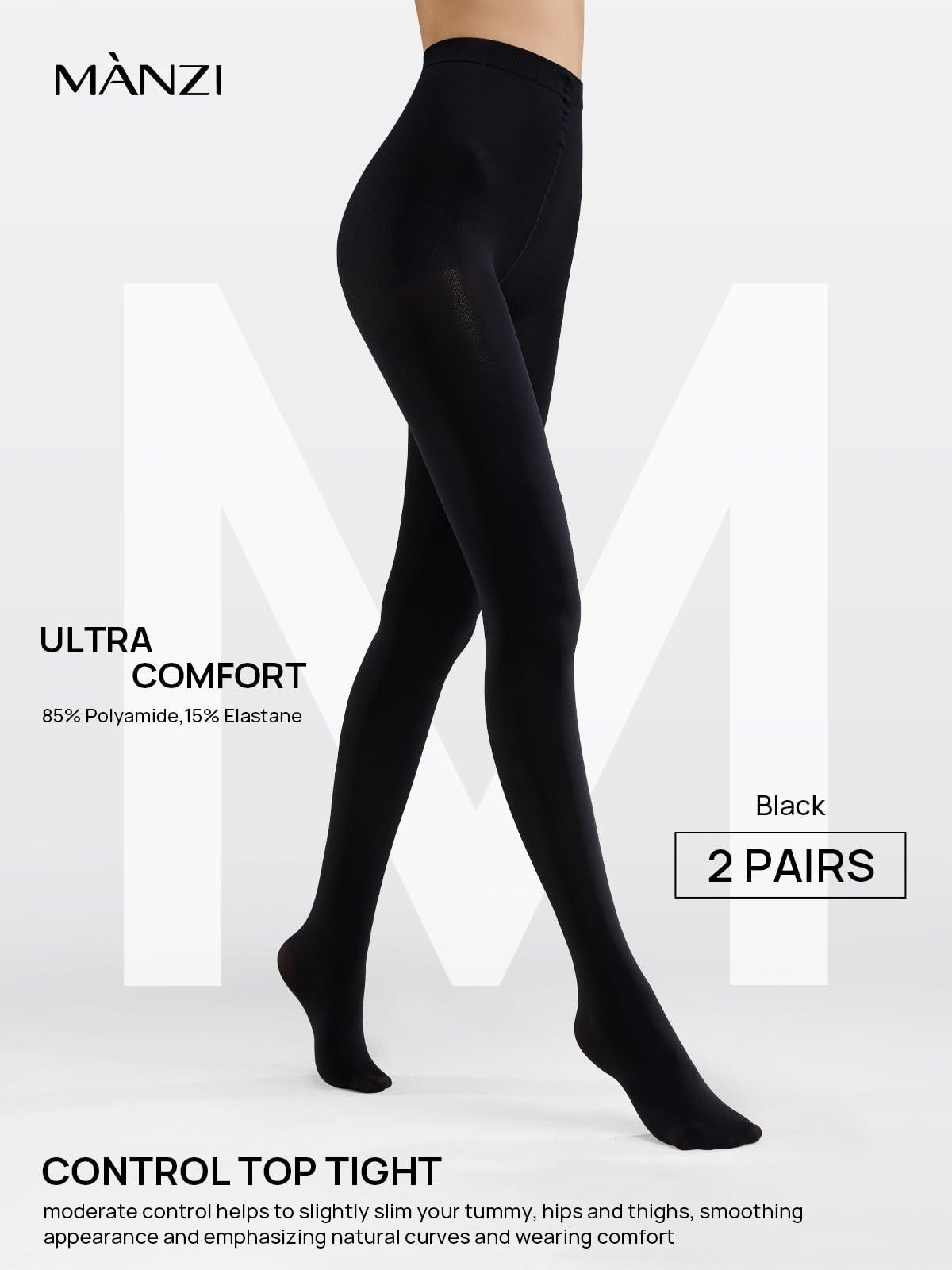 MANZI 2 Pairs Women's Opaque Control Top Tights Comfort Stretch 70 Denier Pantyhose Black Small - Medaid International