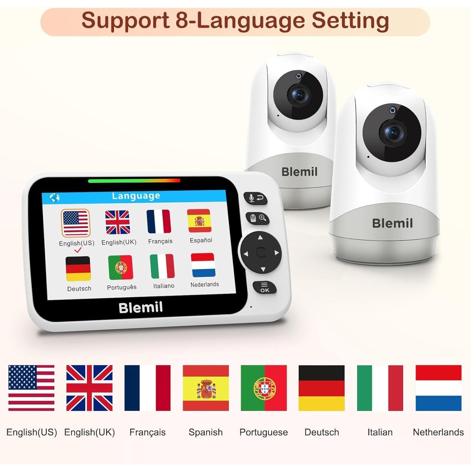 Blemil Upgrade Baby Monitor with 30-Hour Battery, 5" Large Split-Screen Video Baby Monitor with 2 Cameras and Audio, Remote Pan/Tilt/Zoom, Two-Way Talk, Room Temperature, Auto Night Vision - Medaid International