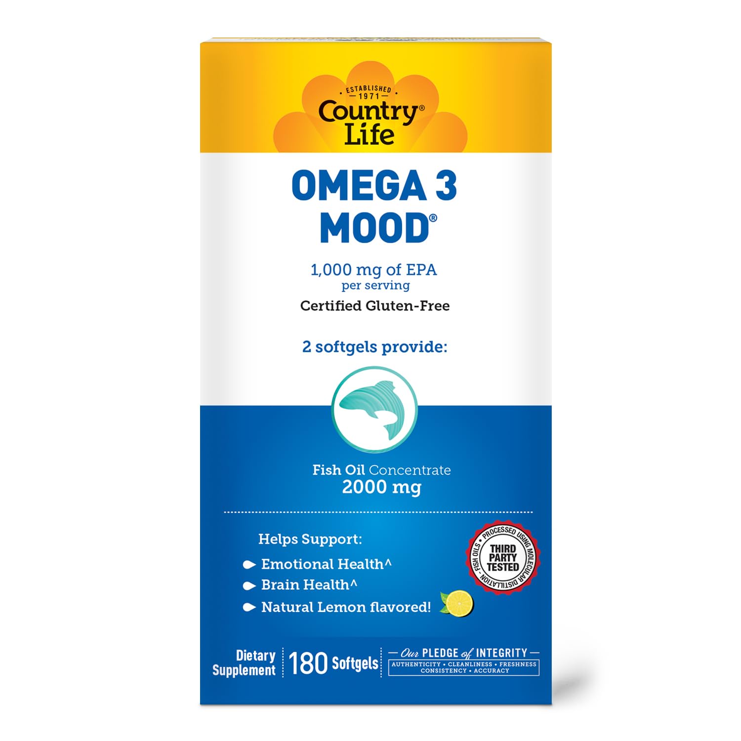 Country Life Omega 3 Fish Oil Supplement - High Concentration EPA and DHA Omega 3 Fatty Acids - 2000mg Fish Oil for Emotional Health, Mood Support, and No Fish Taste - Natural Lemon Flavor - Medaid International