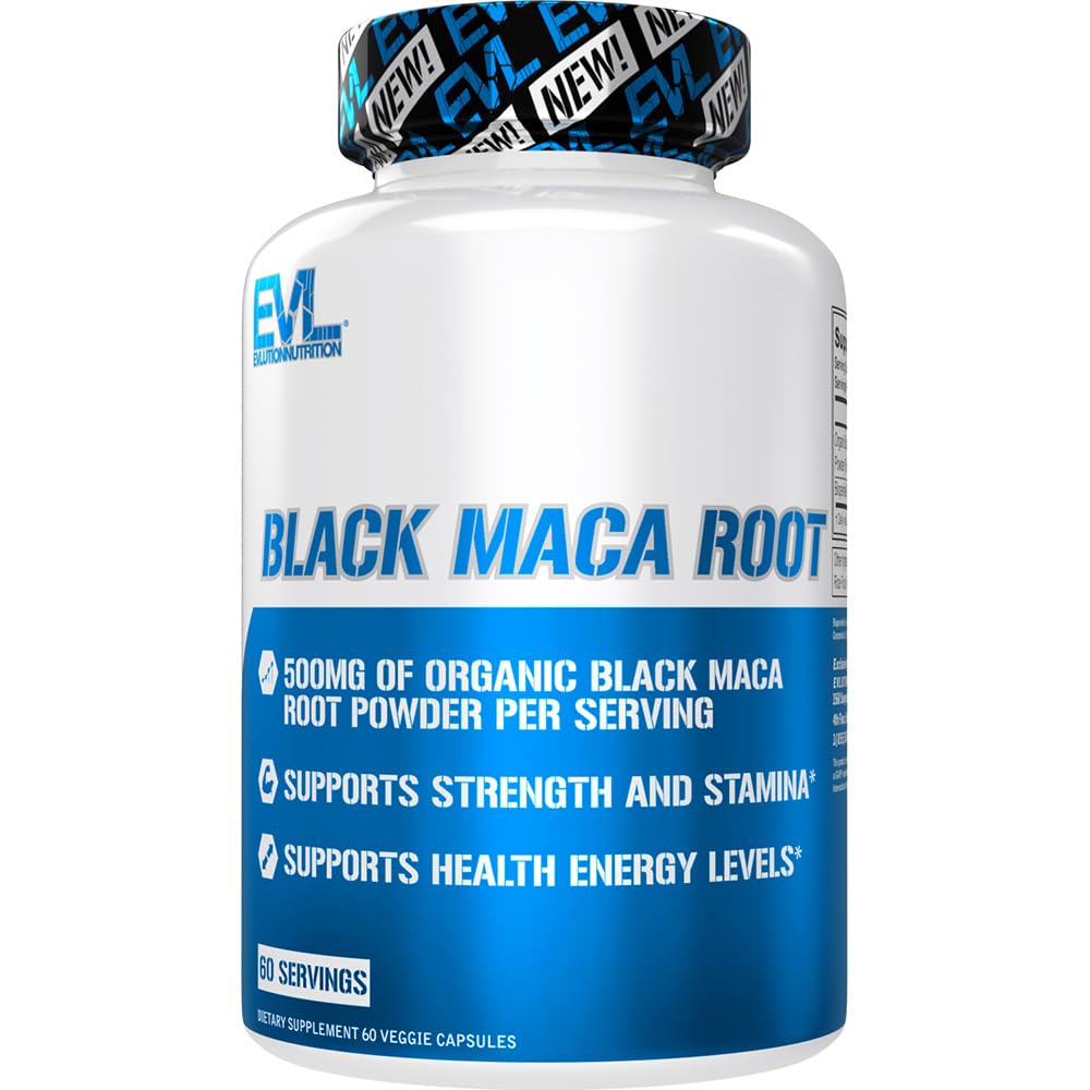 Evlution Nutrition Black Maca Root - Energy Support - 500mg Organic Black Maca Root Powder - Workout Supplement - Vegetarian Capsules - for Strength Performance & Stamina - 60 Servings - Medaid International
