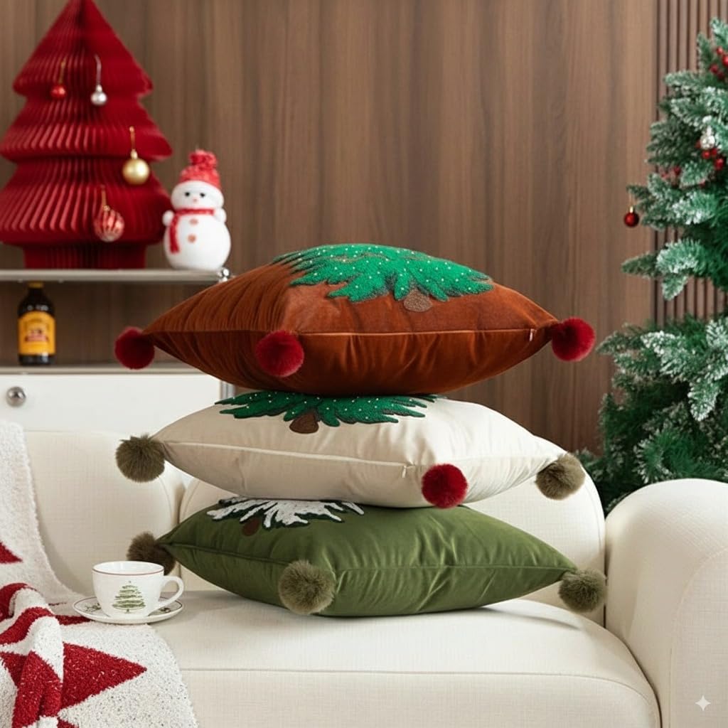 MOCOFO Red Pillowcase 18x18'' Embroidered Christmas Tree Pillow Cover - Festive Long Sofa and Bedside Cushion Cover Décor Cover ONLY - Medaid International