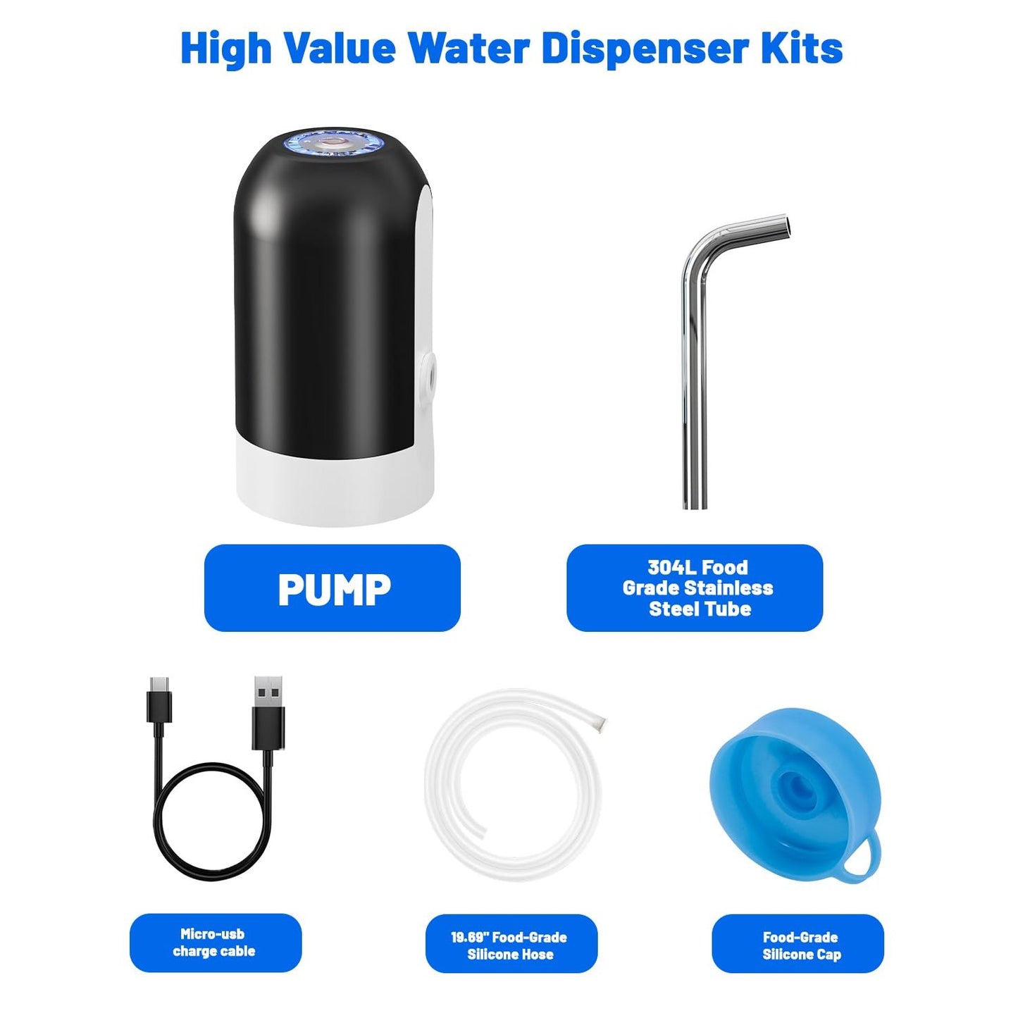 Myvision Water Dispenser for 5 Gallon Bottle, Portable USB Charging Electric Water Pump, Drinking Water Jug Pump for Home, Kitchen, Living Room, Office, Camping, Universal for 3-5 Gallon (Black) - Medaid International