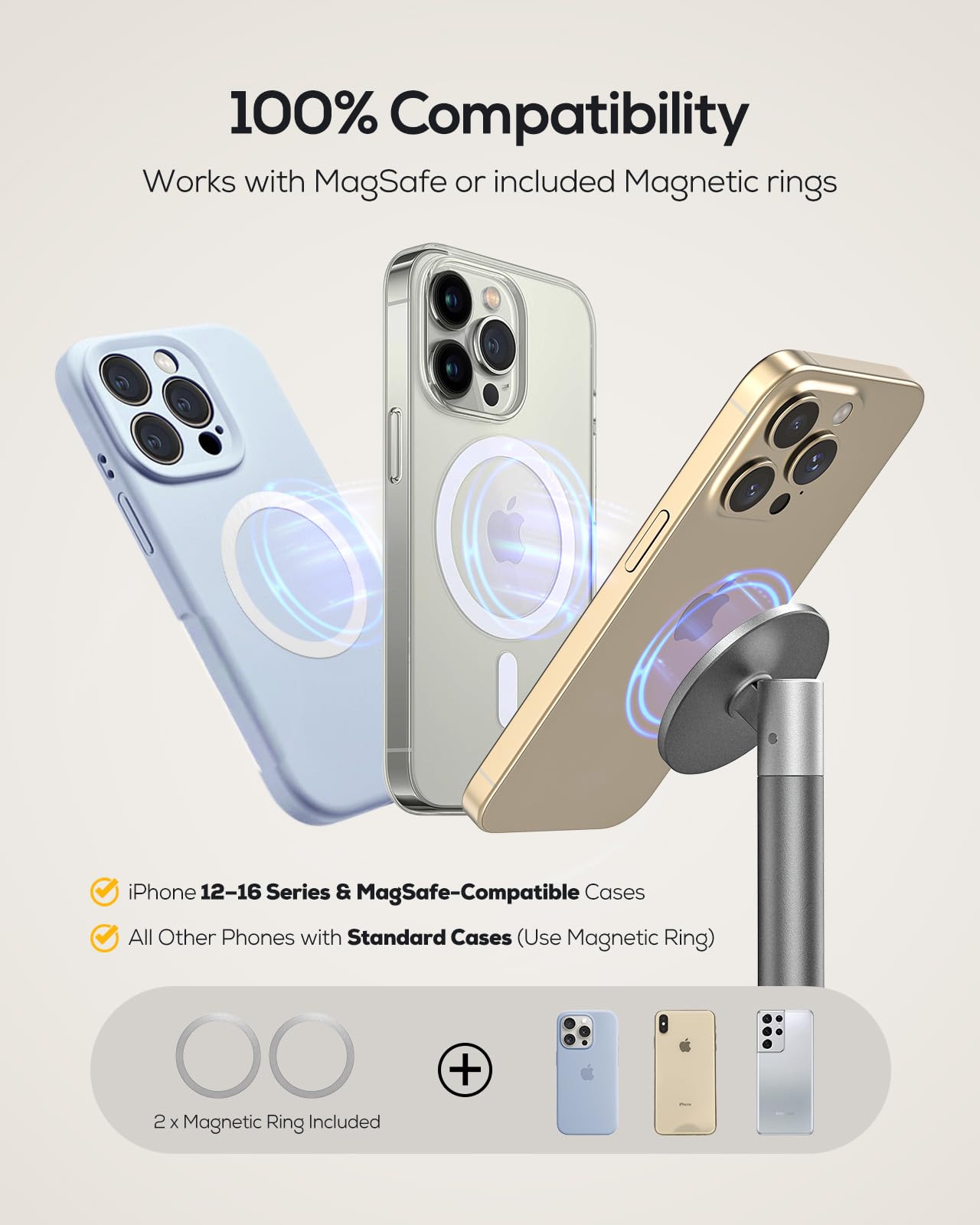 Nulaxy Magnetic Full Aluminum Cell Phone Stand for MagSafe with Metal Ring, 360 Rotating Phone Stand for Desk, Office Desk Accessories, Adjustable Phone Holder Compatible with All Phones, Gray - Medaid International