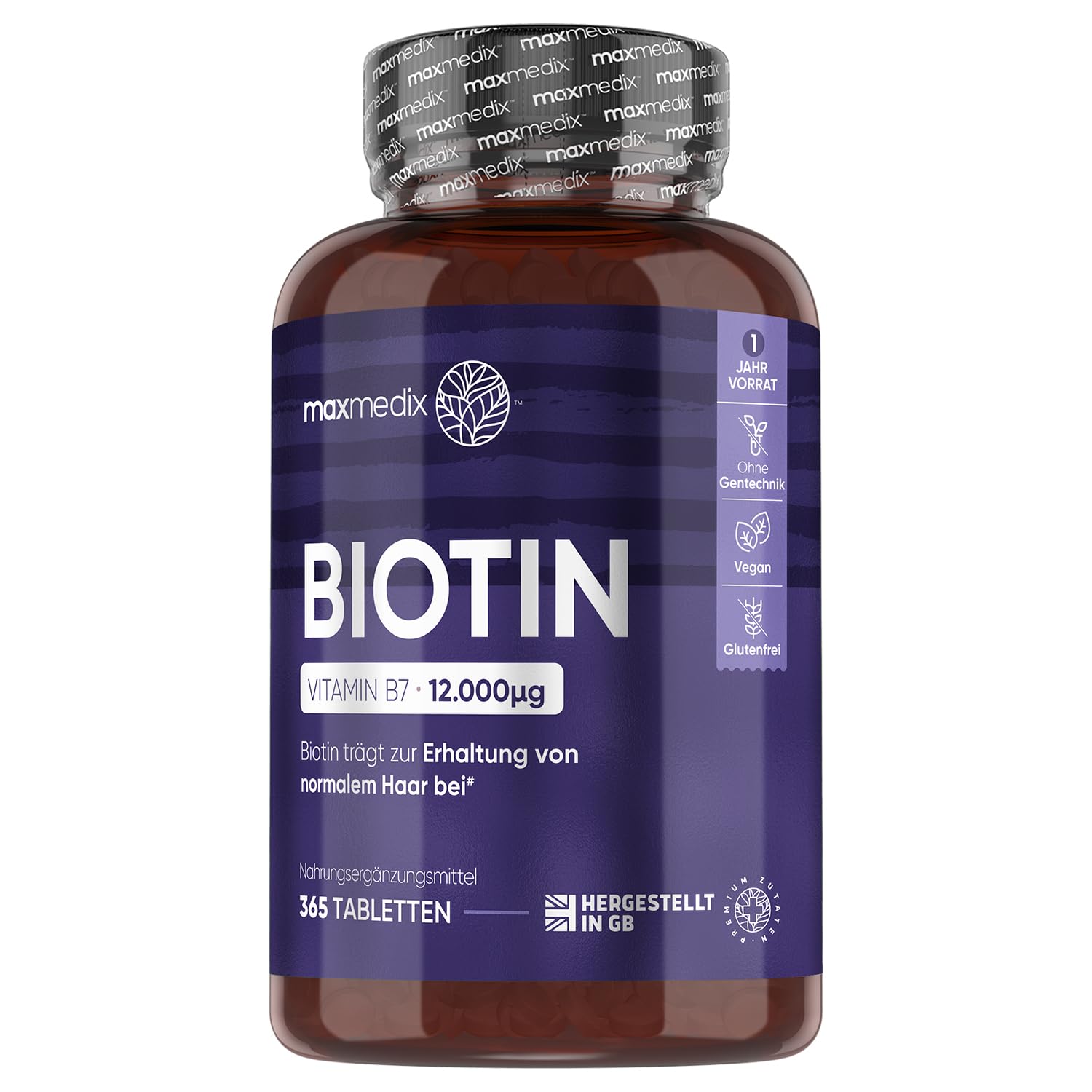 Biotin Hair Growth Tablets - 12,000mcg - 365 Biotin Tablets (1 Year Supply) - Biotin Supplement for Hair Growth, Nails & Skin, Hair Loss Treatment for Women & Men, Best Vitamin B7 Beauty Supplement - Medaid International