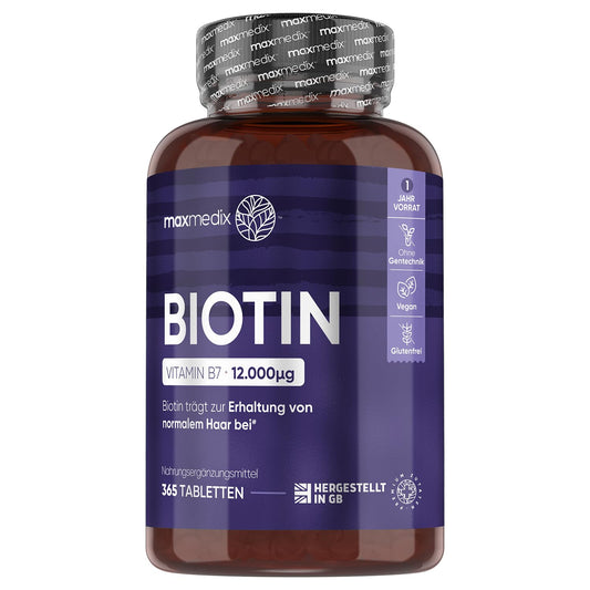 Biotin Hair Growth Tablets - 12,000mcg - 365 Biotin Tablets (1 Year Supply) - Biotin Supplement for Hair Growth, Nails & Skin, Hair Loss Treatment for Women & Men, Best Vitamin B7 Beauty Supplement - Medaid International
