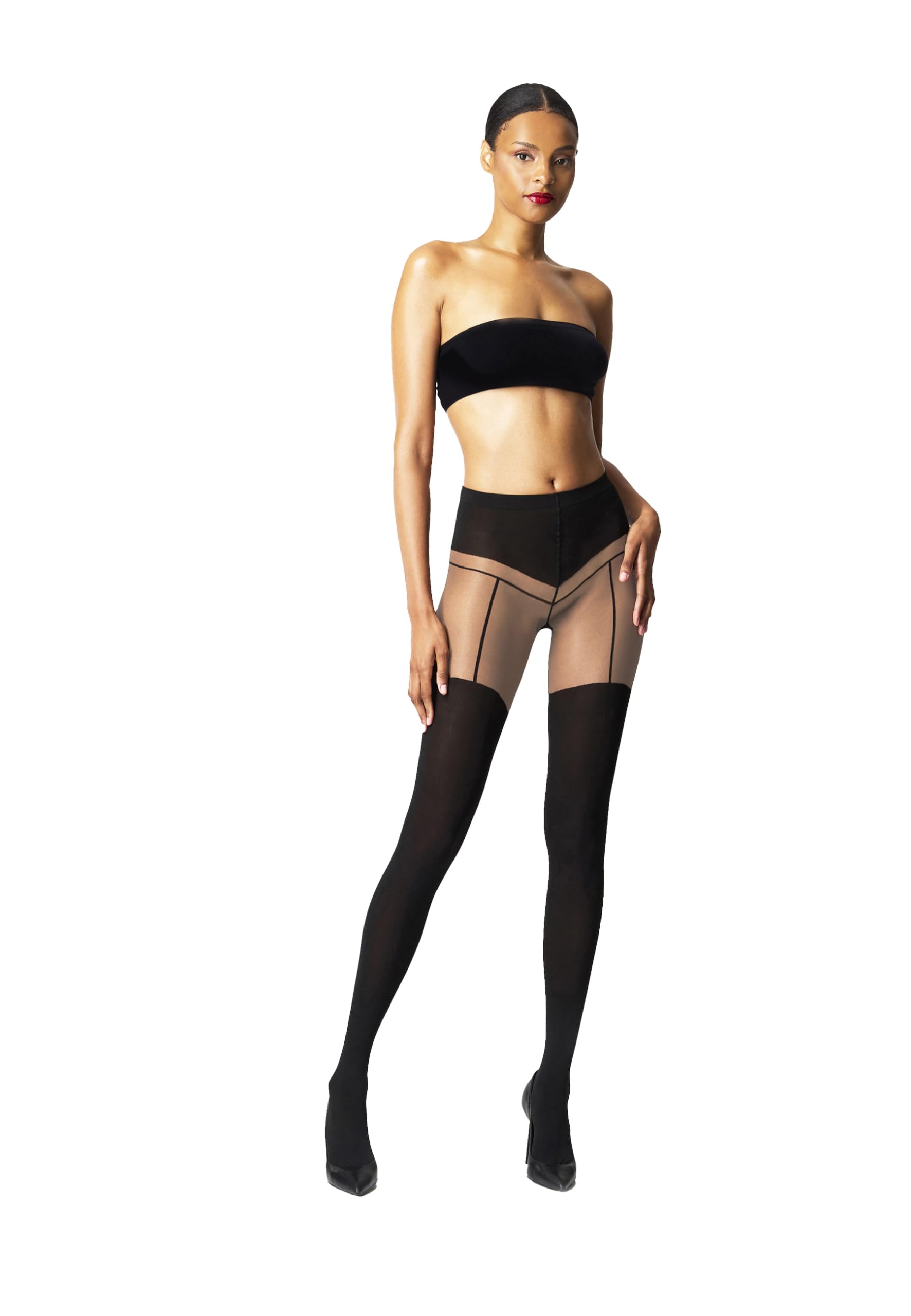 Wolford Garter Belt Tights For Women 40 Denier Sheer-Opaque Matte Pantyhose With Soft Knitted Waistband Circular Knit Design fairly light/black X-Small - Medaid International