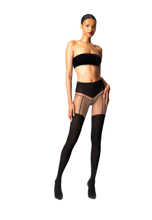 Wolford Garter Belt Tights For Women 40 Denier Sheer-Opaque Matte Pantyhose With Soft Knitted Waistband Circular Knit Design fairly light/black X-Small - Medaid International