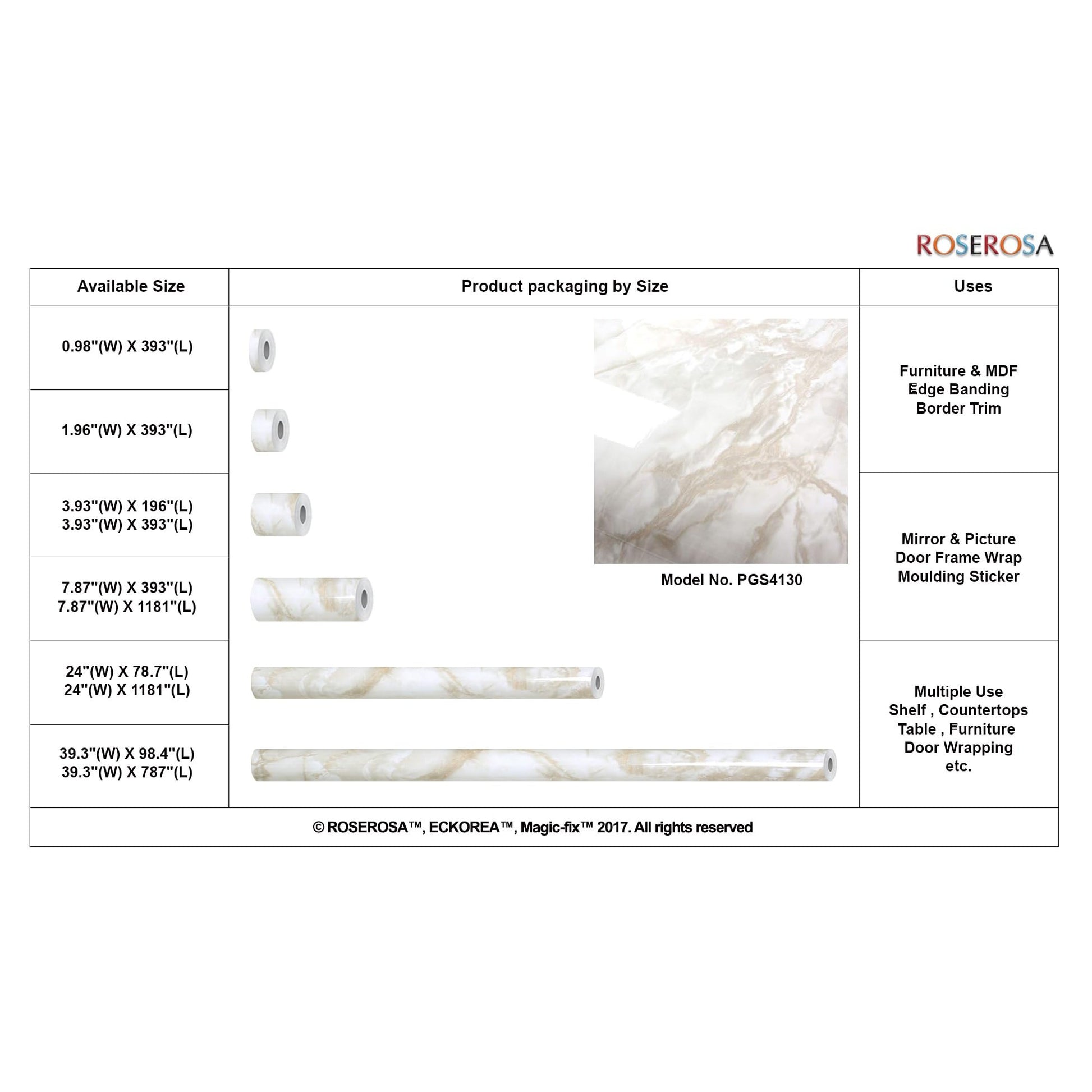 ROSEROSA Peel and Stick Glossy Faux Marble Self-Adhesive Wallpaper Door Wrap Countertop Mirror Moulding Trim PGS4130 - Medaid International