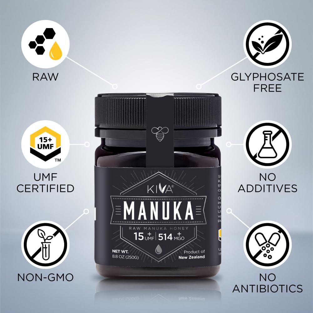 Kiva Raw Manuka Honey - Certified UMF 15+, MGO 514+ 100% Pure Genuine New Zealand, Non-GMO, Traceable (8.8oz/250g Bottle) - Medaid International