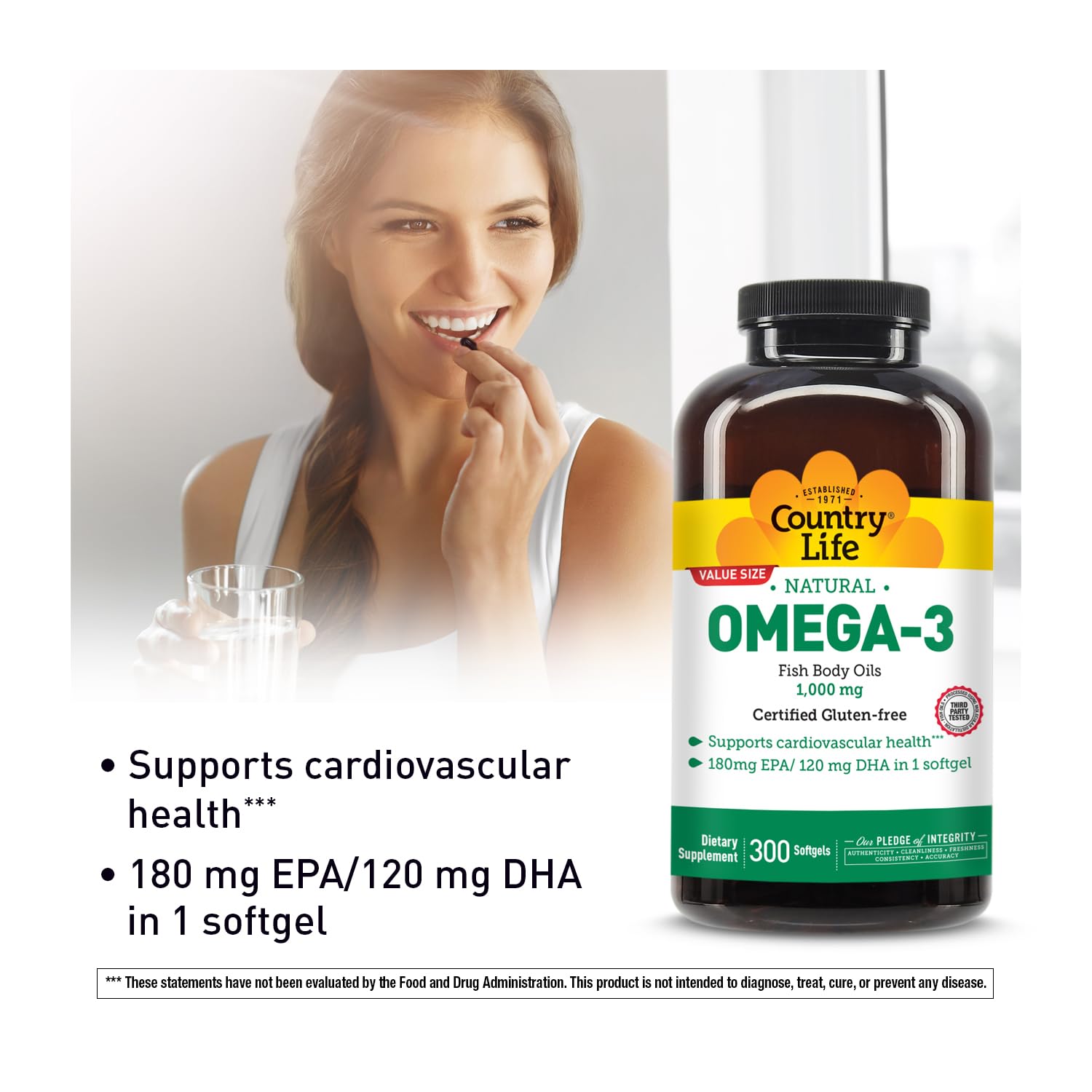 Country Life Omega-3 Fish Oil Supplement, 1000mg, 180mg EPA & 120mg DHA, Fish Oil Concentrate, Burpless, 300 Softgels, Certified Gluten Free - Medaid International