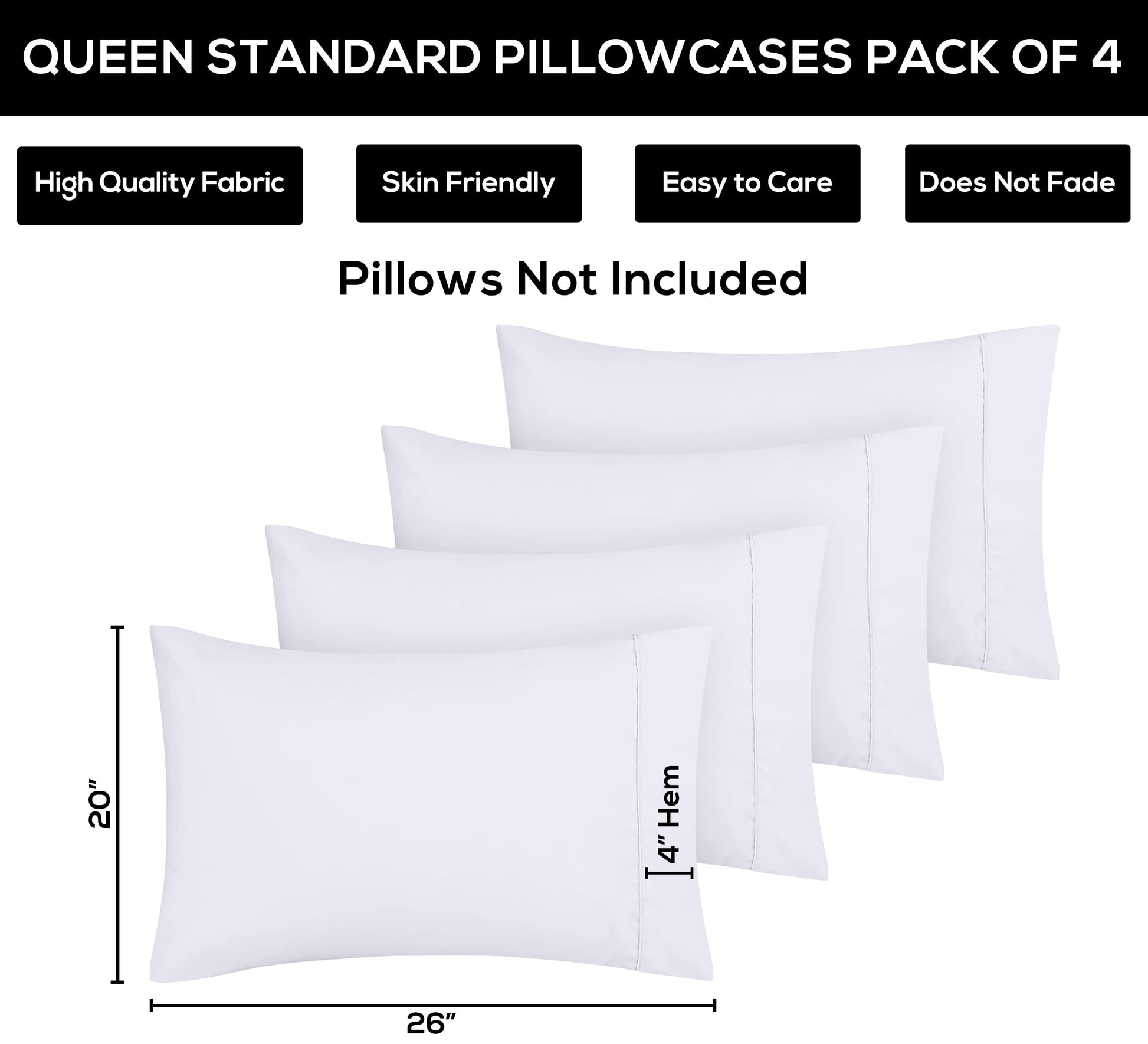 Utopia Bedding Standard Pillow Cases - Pack of 4 - Envelope Closure - Soft Brushed Microfiber Fabric - Shrinkage and Fade Resistant Pillow Covers Standard Size 20 X 26 Inches (Standard, White) - Medaid International