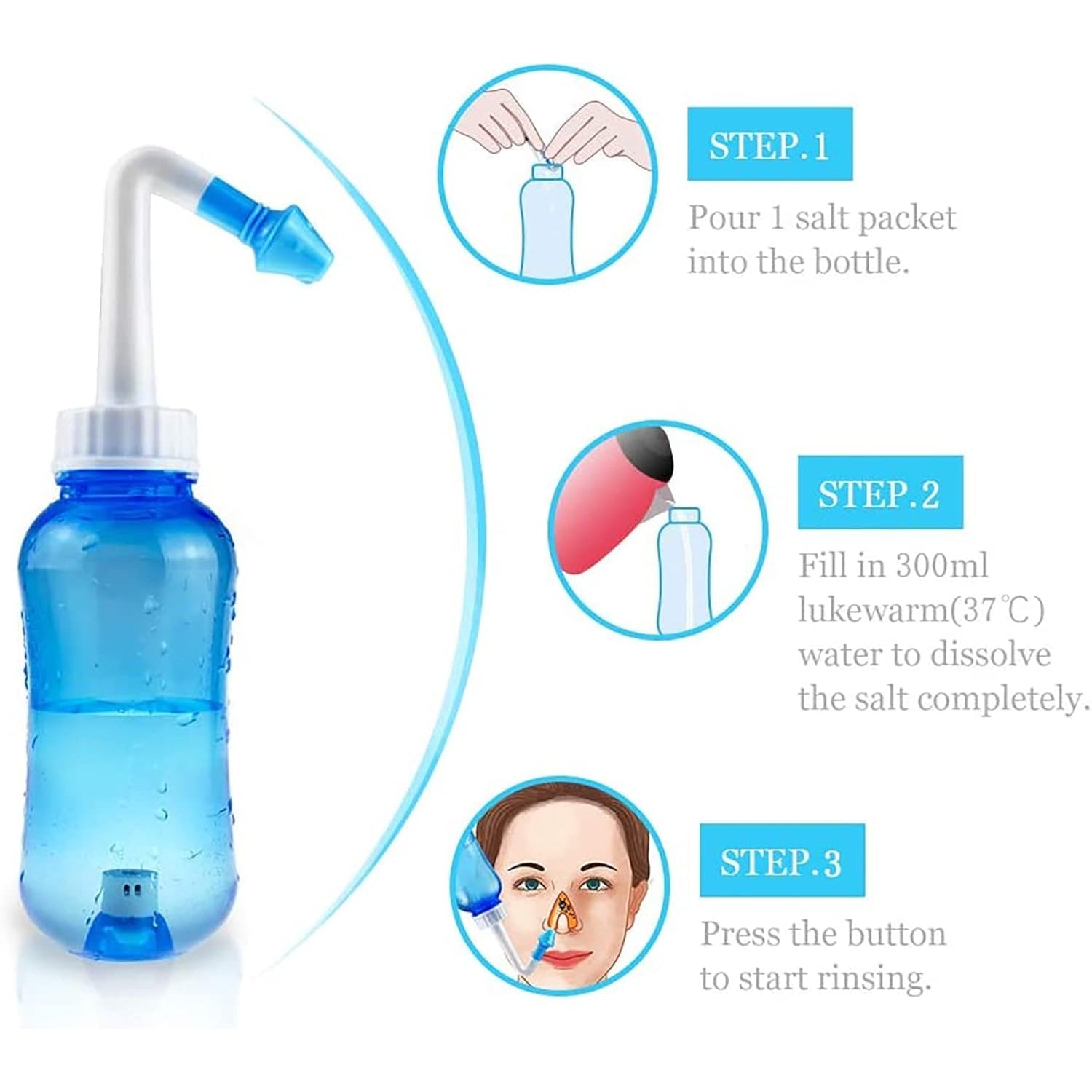 Neti Pot Sinus Rinse Nasal Wash Bottle,with 30 Salt Packets Nose wash Bottle Allergy Cleaner Pressure Irrigation Neti-Pot with Sticker Thermometer,nose cleaner for Adult & Kid BPA Free - Medaid