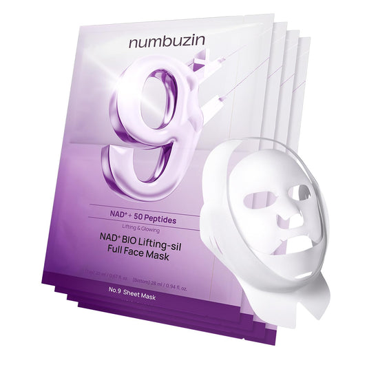 numbuzin No.9 Sheet Mask | NAD+ BIO Lifting-sil Full Face Mask | Improves Jawline, Jowls, Wrinkles, Neck Lines | Peptides, NAD+, Collagen | Skin Firmness | 4 Sheets + Lifting Band - Medaid International