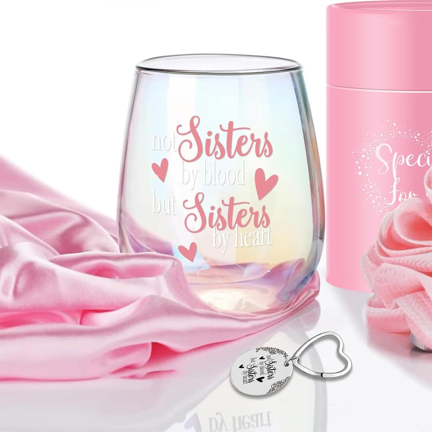 Yalucky Stemless Wine Glass 'Not Sisters by Blood but Sisters by Heart' Funny Sayings Gifts for Women Best Friend Female Bestie Wine Lover Friendship Gin Gift Birthday Decor Idea (Iridescent Sister) - Medaid International