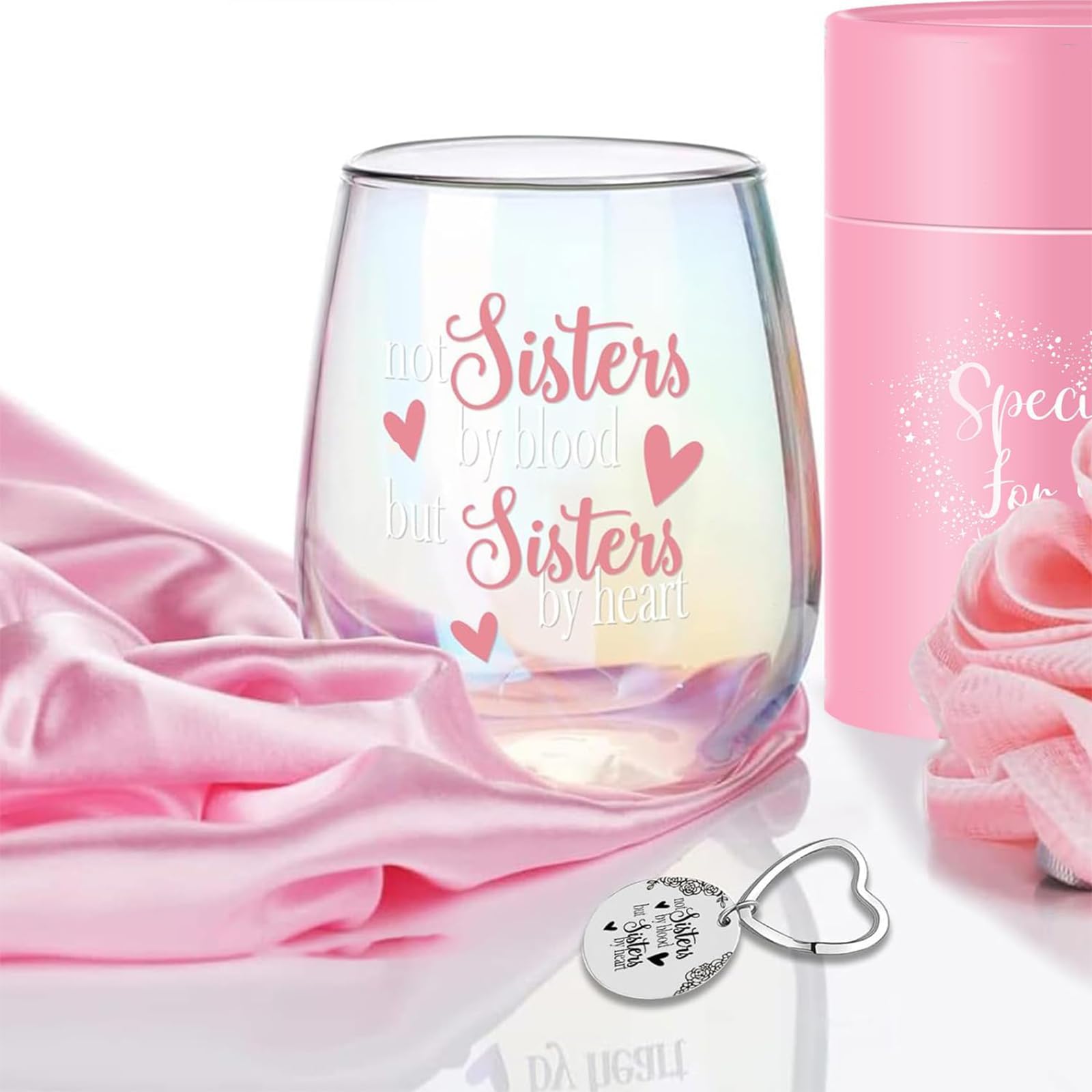 Yalucky Stemless Wine Glass 'Not Sisters by Blood but Sisters by Heart' Funny Sayings Gifts for Women Best Friend Female Bestie Wine Lover Friendship Gin Gift Birthday Decor Idea (Iridescent Sister) - Medaid International