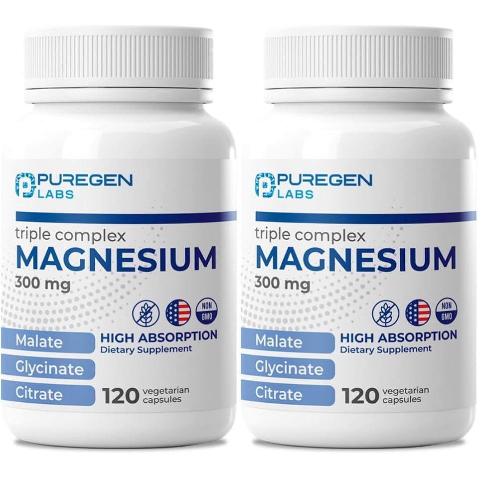 Puregen Labs Triple Magnesium Complex 300mg of Magnesium Glycinate, Malate, & Citrate [High Absorption] Total 240 Veg Capsules | No Harmful Additives | Non-GMO, NO Gluten and Dairy | Made in USA - Medaid - Lebanon