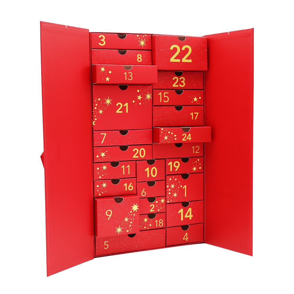 Empty 2025 24 Days Advent Calendar Large to Fill Cosmetics, Makeup, Perfume Packaging Paper Box, Valentin's Day EID Ramadan Gifts Cardboard (Red) - Medaid International