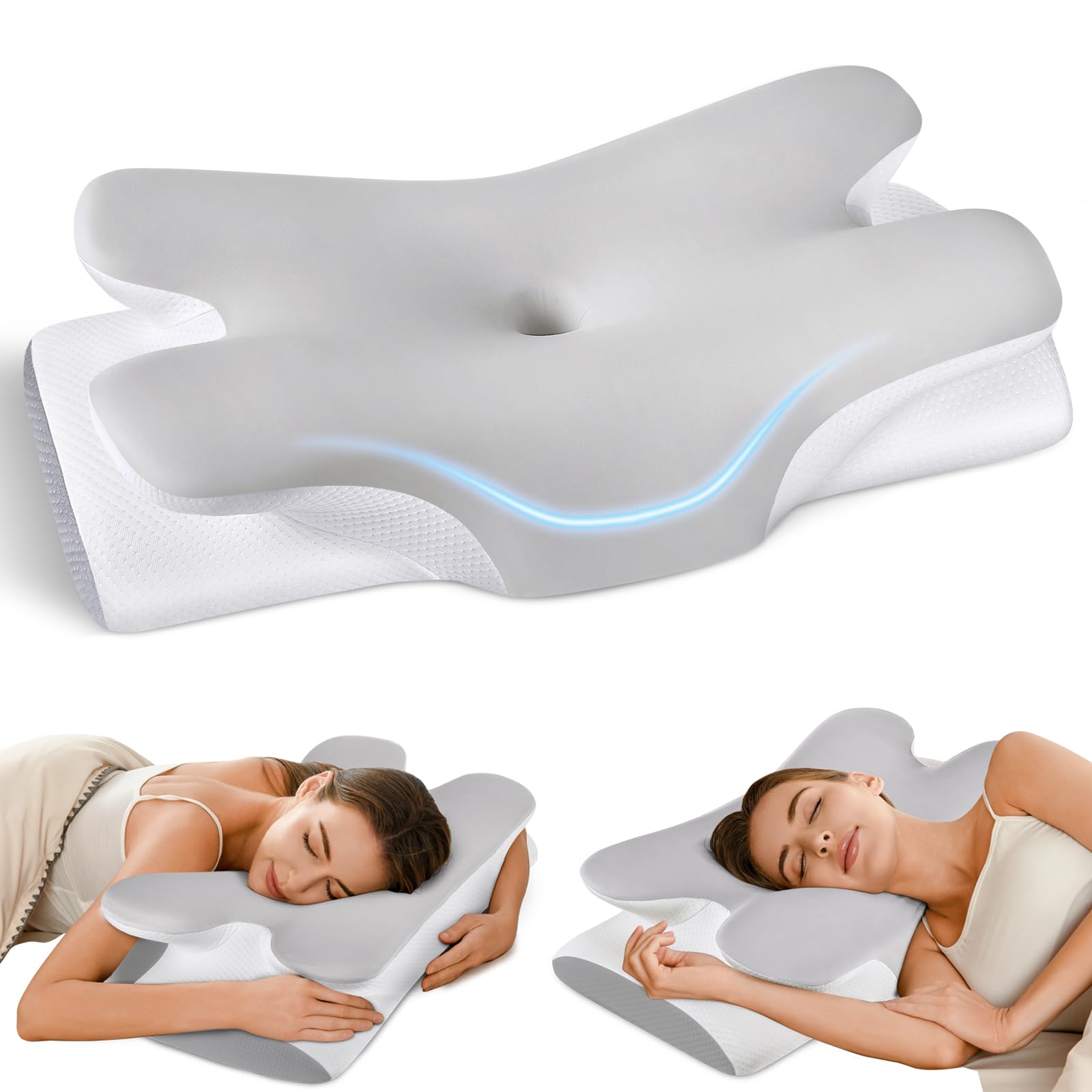 Tujami Cervical Neck Pillow for Neck Shoulder Pain Relief, Soft Contour Side Sleeper Pillow of 2 Heights, Odorless Q-max Cooling Memory Foam Orthopedic Bed Pillow for Back Stomach Sleeper - Medaid International