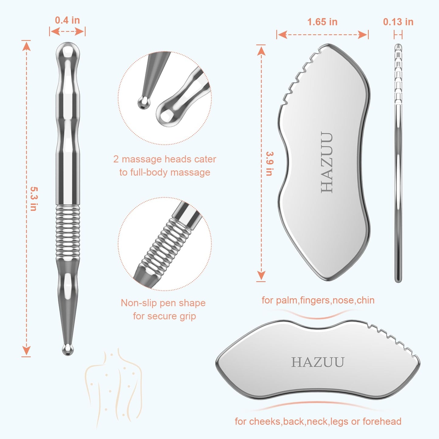 HAZUU Stainless Steel Gua Sha Tool & Acupuncture Pen- Deep Tissue Massage & Pain Relief Therapy with Trigger Point - Full Body Self-Massage Acupressure Bar for Relaxation (JGS-3) - Medaid International