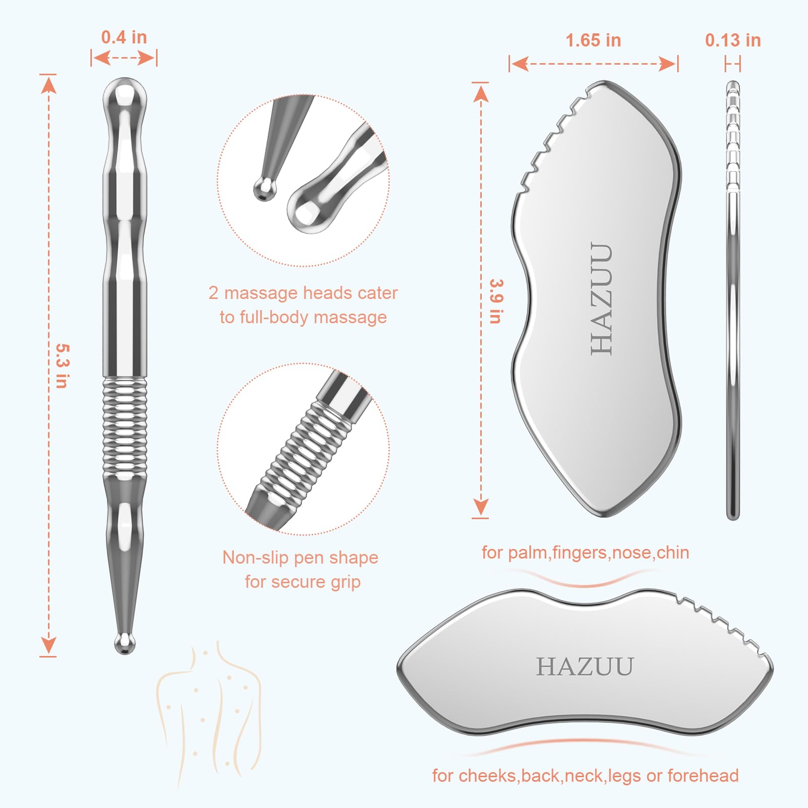 HAZUU Stainless Steel Gua Sha Tool & Acupuncture Pen- Deep Tissue Massage & Pain Relief Therapy with Trigger Point - Full Body Self-Massage Acupressure Bar for Relaxation (JGS-3) - Medaid International