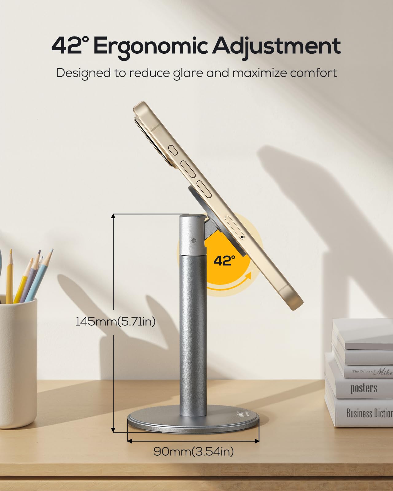 Nulaxy Magnetic Full Aluminum Cell Phone Stand for MagSafe with Metal Ring, 360 Rotating Phone Stand for Desk, Office Desk Accessories, Adjustable Phone Holder Compatible with All Phones, Gray - Medaid International