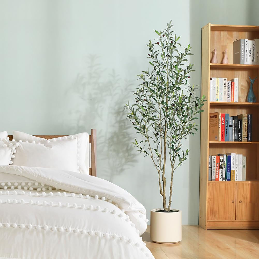 LOMANTO Artificial Olive Trees, 6 ft Tall Fake Olive Trees for Indoor, Faux Olive Silk Tree, Large Olive Plants with White Planter for Home Decor and Housewarming Gift, 1 Pack - Medaid International