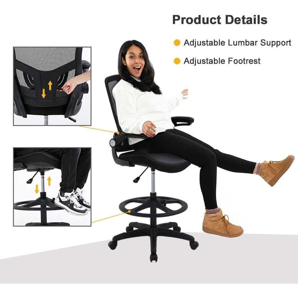 Drafting Chair Ergonomic Tall Office Chair Standing Desk Chair with Flip Up Arms Foot Rest Back Support Adjustable Height Mesh Drafting Stool, Black - Medaid International