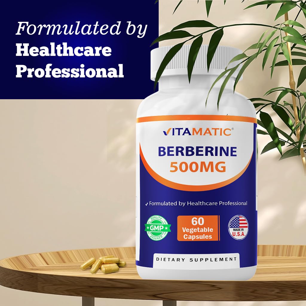 Vitamatic Berberine Supplement 500mg - 60 Vegetable Capsules - Made in The USA - Gluten Free - Non-GMO (1 Bottle) - Medaid International