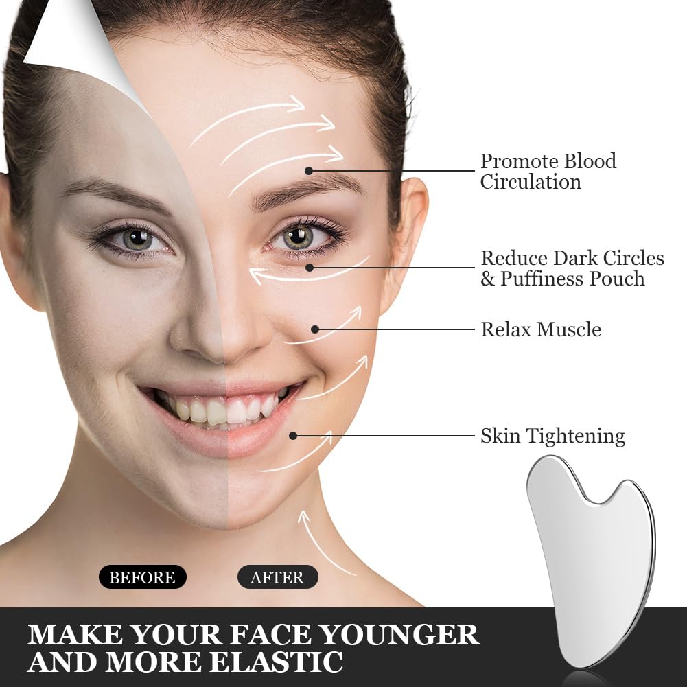 URAQT Stainless Steel Gua Sha Facial Tools Guasha Tools for Face Skin Care Body Gua Sha Tools Tighten Skin Massage Tools for Puffiness Reducing & Jawline Sculpting Face Stone Gua Sha Tools (Silver) - Medaid International