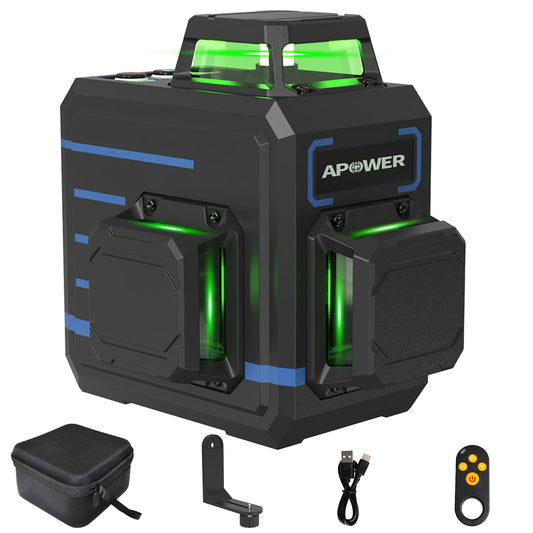 APOWER Laser Level 360 Self Leveling, 3 x 360° Cross Line Lazer Leveler Tool for Construction and Picture Hanging, Rechargeable Nivel Laser Outdoor, L-Magnetic Bracket Included - Medaid International