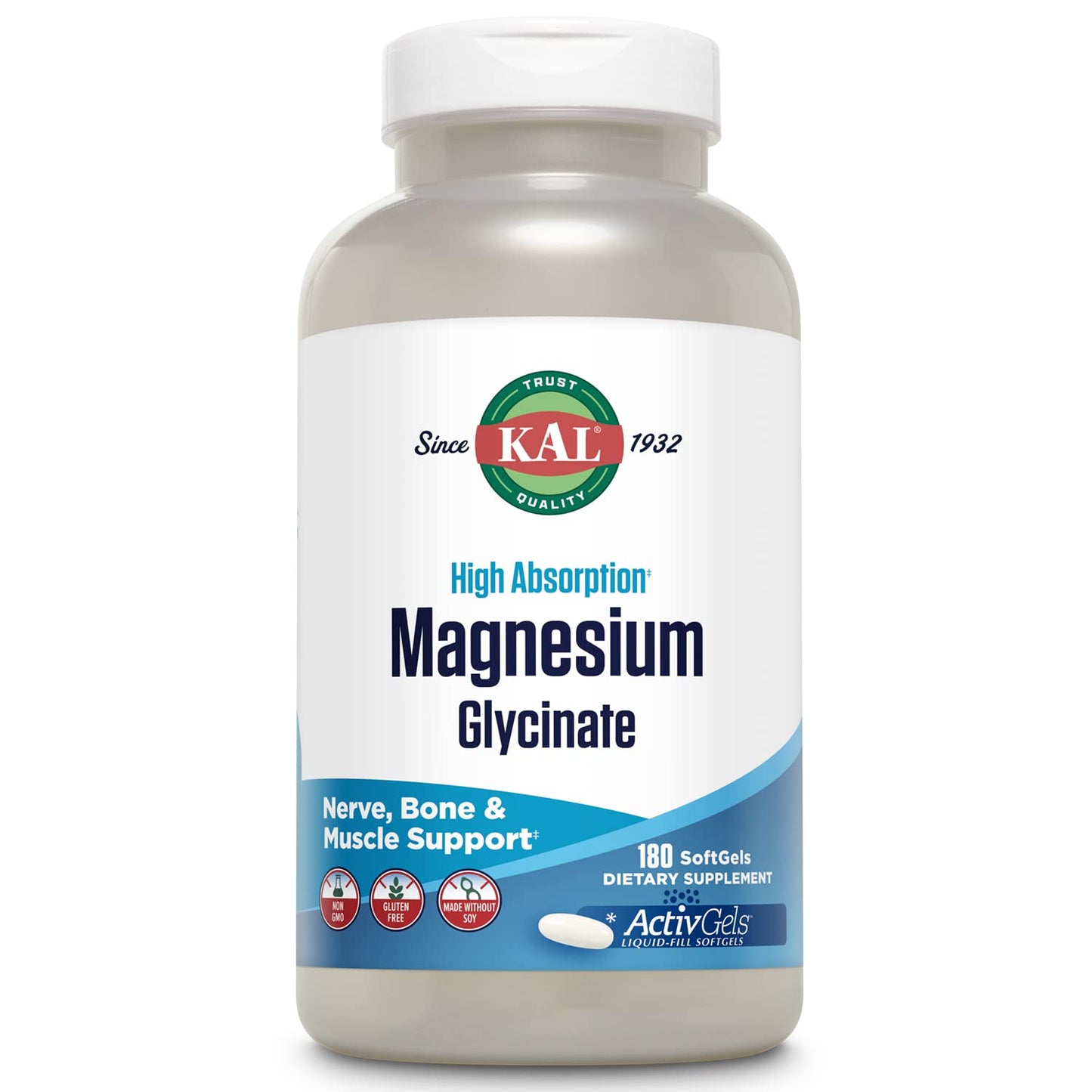 KAL Magnesium Glycinate ActivGels 315mg, Fully Chelated, High Absorption Magnesium Supplement for Relaxation, Muscle & Bone Support, Non-GMO, Gluten Free, 60 Servings, 180 Softgels - Medaid International