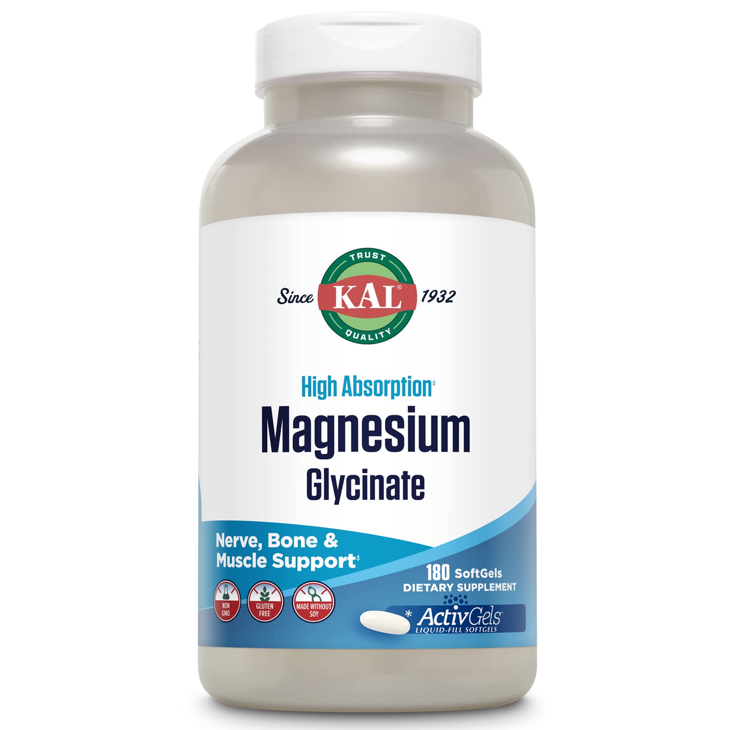 KAL Magnesium Glycinate ActivGels 315mg, Fully Chelated, High Absorption Magnesium Supplement for Relaxation, Muscle & Bone Support, Non-GMO, Gluten Free, 60 Servings, 180 Softgels - Medaid International