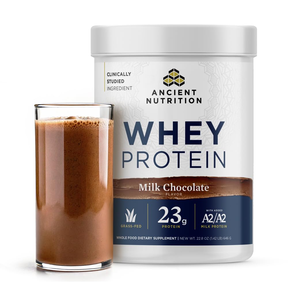Ancient Nutrition Grass Fed Whey Protein, Milk Chocolate, 23g Protein, 20 Servings, Hydrolyzed Collagen Peptides, Organic Regenerative A2/A2 Milk Protein - Medaid International
