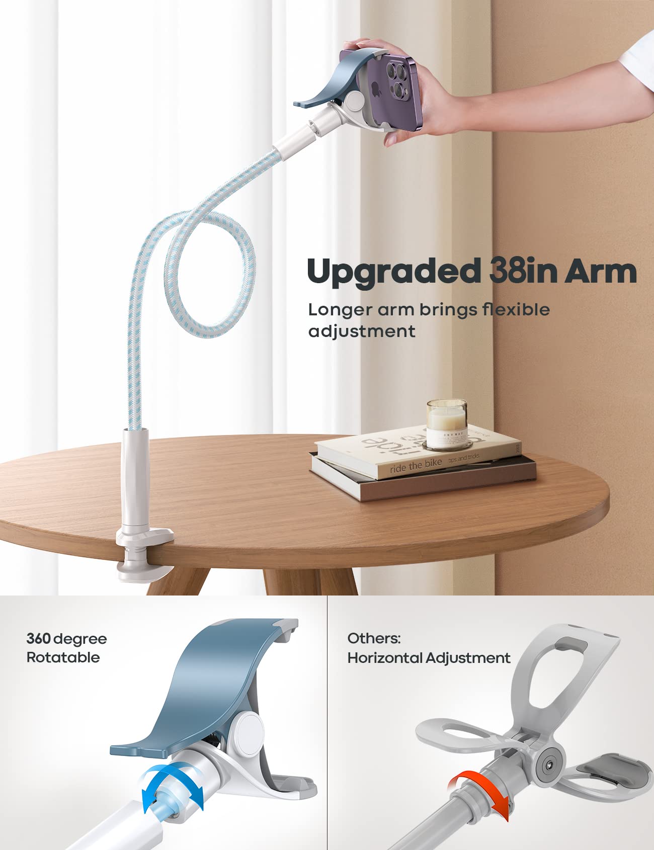 Lamicall Gooseneck Phone Holder Bed - [Nylon Braided] Flexible Arm, Overall Length 38inch, 360 Adjustable Clamp Clip, Overhead Cell Phone Mount Stand for Bed, Blue White - Medaid International