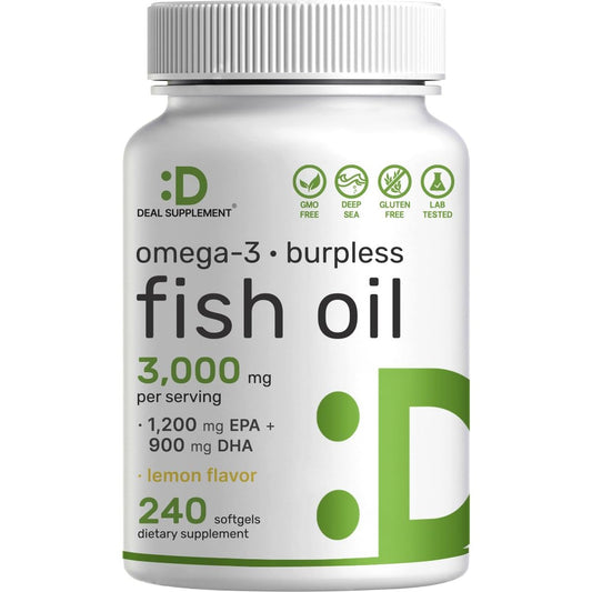 DEAL SUPPLEMENT Omega 3 Fish Oil Supplements, 3,000mg Per Serving, 240 Softgels – EPA 1,200mg + DHA 900mg – Burpless Pills, Lemon Flavored, Wild Caught – Brain & Heart Support – Mercury Free, Non-GMO - Medaid International