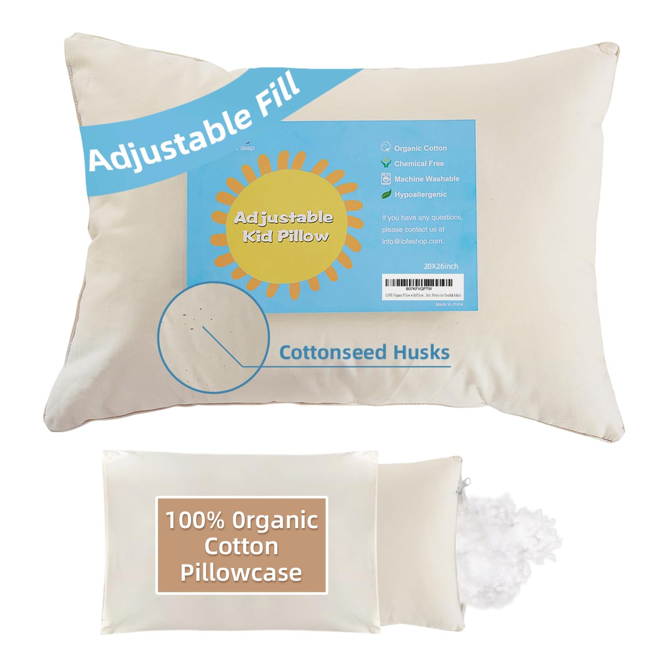 LOFE Organic Pillow with Pillowcase - 20x26 Youth Pillow with 100% Organic Cotton Shell, Adjustable Loft Organic Standard Plilow, Machine Washable, Soft, Perfect for Youth&Adults - Medaid International