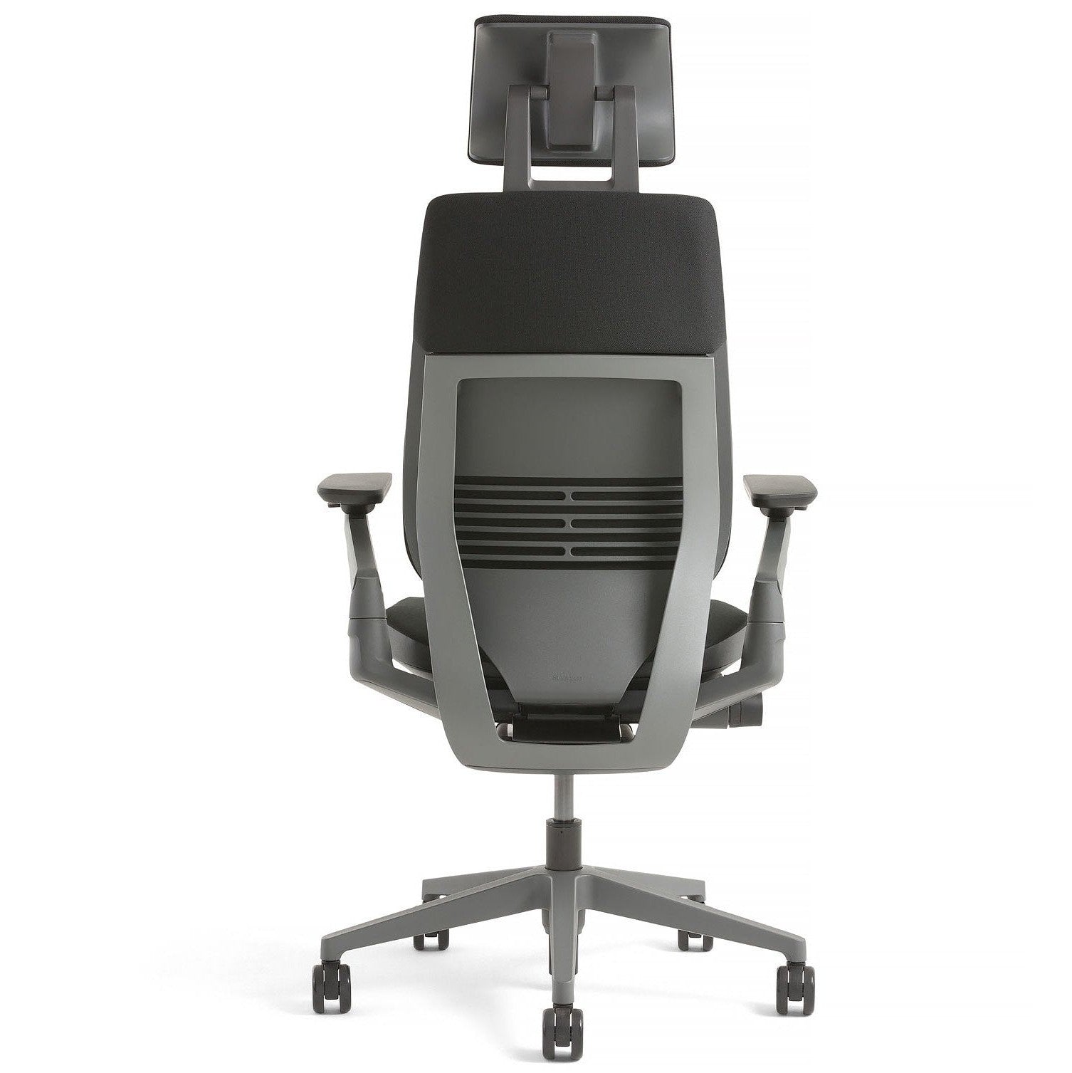 Steelcase Gesture Office Desk Chair with Headrest, Cogent Connect Licorice 5S26 Fabric, Medium Seat Height, Light on Dark Frame, Lumbar Support, and Hard Floor Casters - Medaid International