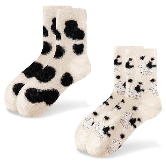 Cute Cow Print Socks for Women Fuzzy Winter Fluffy Lazy Sleeper Socks Warm Thick Cozy Trendy Christmas Gifts for Teen Girls - Medaid International