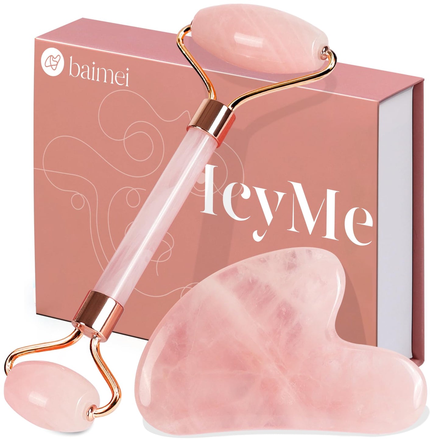 BAIMEI Jade Roller & Gua Sha, Face Roller, Facial Beauty Roller Skin Care Tools, Self Care Gift for Men Women, Massager for Face, Eyes, Neck, Relieve Fine Lines and Wrinkles - Rose Quartz - Medaid International