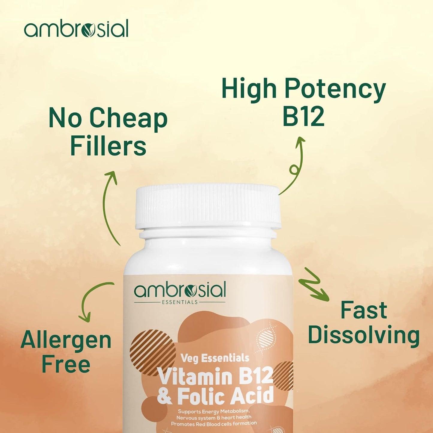 AMBROSIAL Vitamin B12 1000 mcg + 500 mcg Folic Acid Pack of 1-120 Capsules - Medaid International