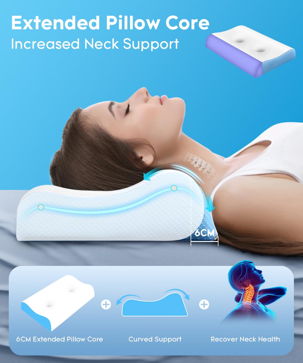 Cervical Pillow for Neck Pain Relief - Contour Pillow Memory Foam Pillows for Sleeping, Double Ear Relief Zones Neck Pillow, 6CM Enhanced Neck Support Cooling Bed Pillow for All Sleep Positions - Medaid International