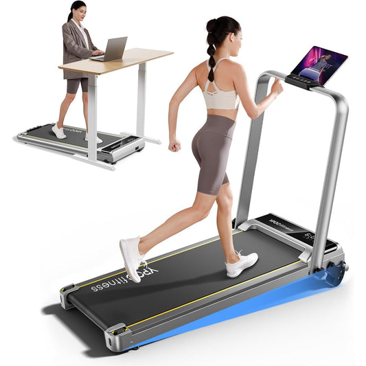 YPOO Walking Pad with Handles, Walking Pad Treadmill with Incline, 2 in 1 Foldable Treadmills for Home Small Spaces, Portable Under Desk Treadmill with 3-Level Incline, Compact Design - Medaid International