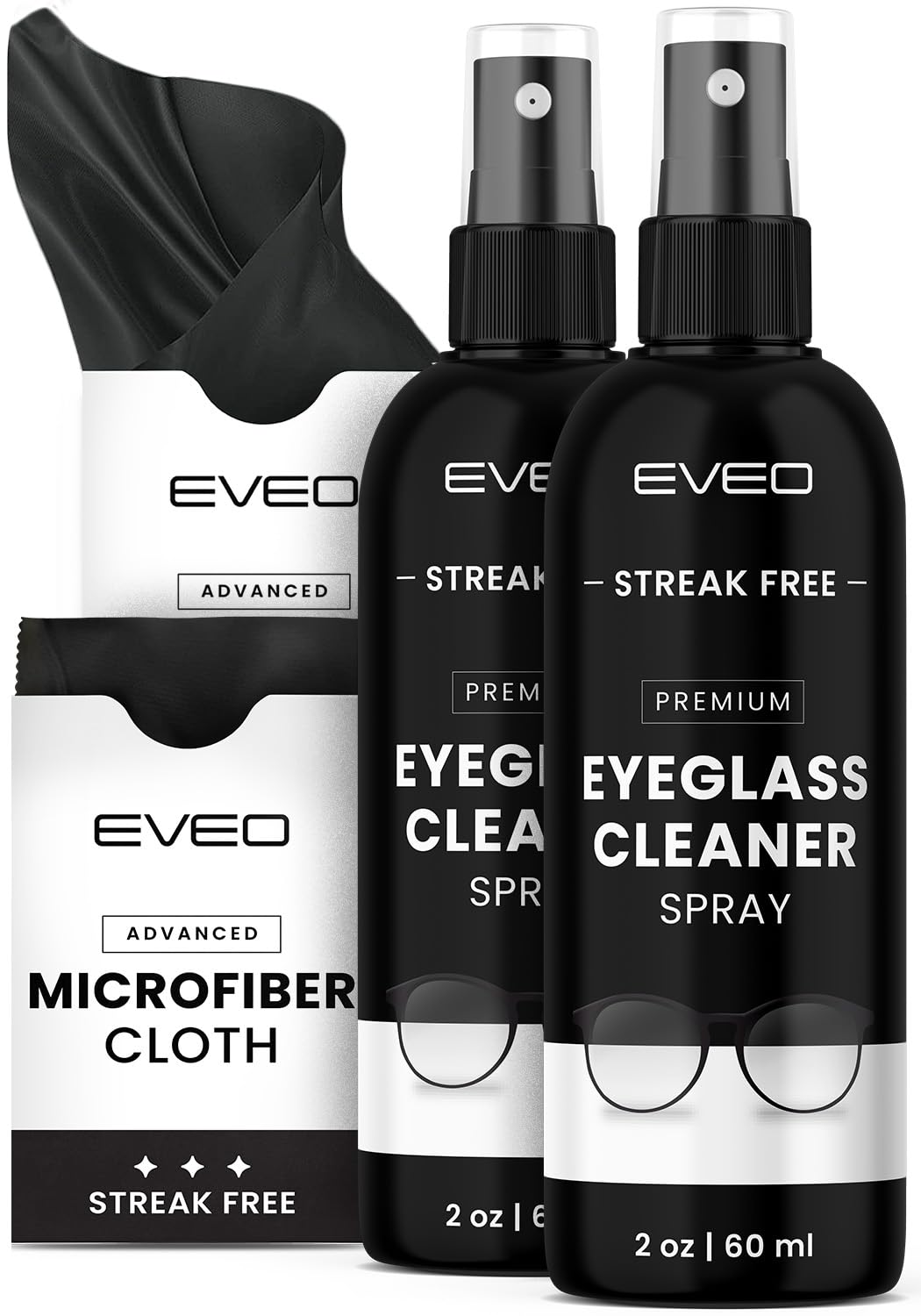 EVEO Eyeglass Cleaner Spray - Glasses Cleaner No Streaks Technology & Microfiber Cleaning Cloth - Glasses Cleaning Kit, Eye Glass Cleaners Spray Lens Cleaner - Screen & Eye Glasses Kit - 2 Pack - Medaid International