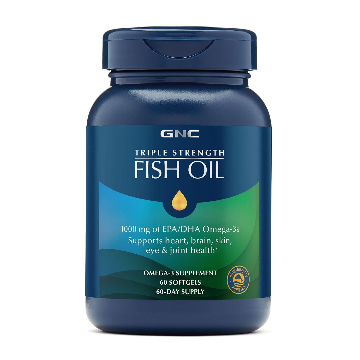 GNC Triple Strength Fish Oil Omega 3 Supplement, 1000mg EPA and DHA, Supports Heart, Brain, Skin, Eye and Joint Health, 60 Softgels - Medaid International