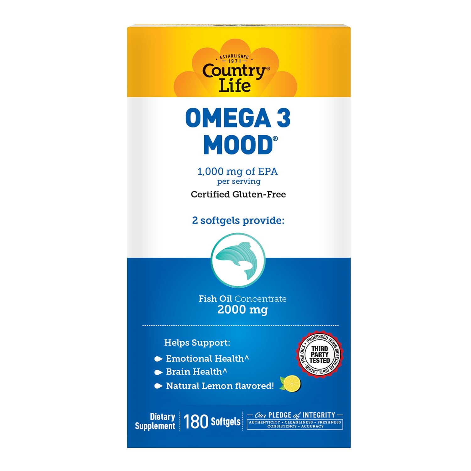Country Life Omega 3 Fish Oil Supplement - High Concentration EPA and DHA Omega 3 Fatty Acids - 2000mg Fish Oil for Emotional Health, Mood Support, and No Fish Taste - Natural Lemon Flavor - Medaid International